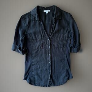 James Perse Linen Shirt 2 Black Made in USA Casual Minimalist Glam Standard